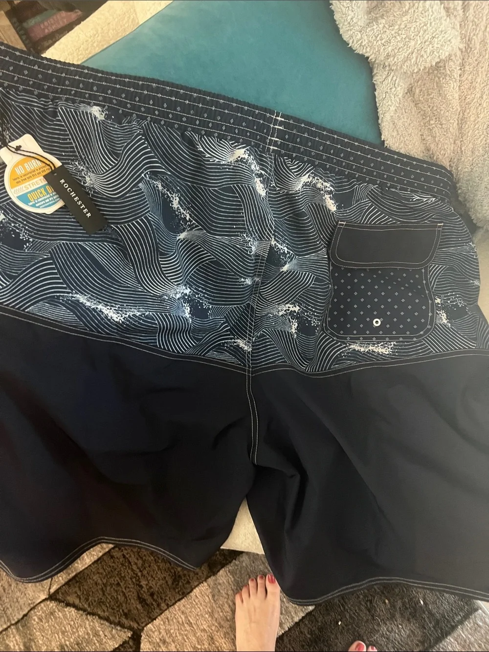 Men's Athletic Swim Shorts in Navy with Wave Pattern